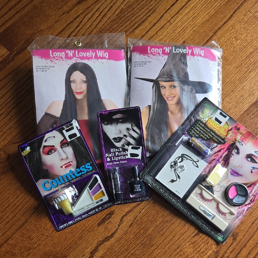 Halloween Wigs Black and Gray Long Hair and Makeup Set